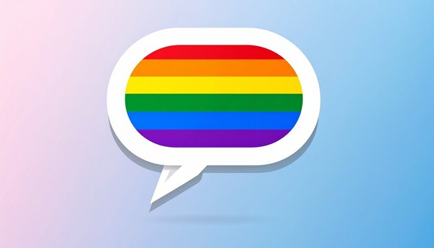 Geometric speech bubble with rainbow pride flag colors on pastel gradient background