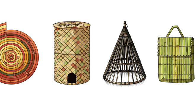 Set of traditional woven handicraft items including a spiral mat, a cylindrical storage basket, a conical fish trap, and a rectangular carrying bag