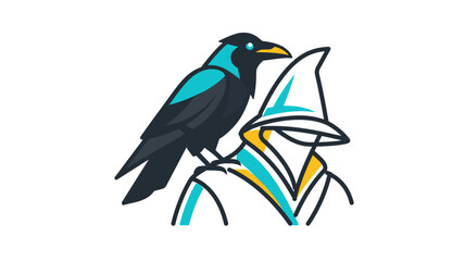Naklejka premium Creative colorful line vector illustration of a wizard mage with a raven crow perched on shoulder, fantasy magic character icon with editable stroke, adjustable line weight, customizable design.