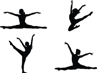 Dancer Silhouettes Collection Showing Graceful Ballet Jumps Splits and Elegant Poses with Flexibility and Motion on Clean Background © MstRozina