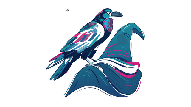 Mystical colorful vector illustration of a raven on a wizard hat with editable stroke, adjustable line weight, customizable stroke weight, thin line, and stroke for magic and alchemy themes.