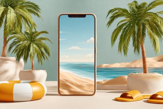Smartphone portal to a tropical beach scene with palms, sand and summer vacation vibes