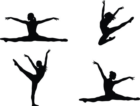 Dancer Silhouettes Collection Showing Graceful Ballet Jumps Splits and Elegant Poses with Flexibility and Motion on Clean Background
