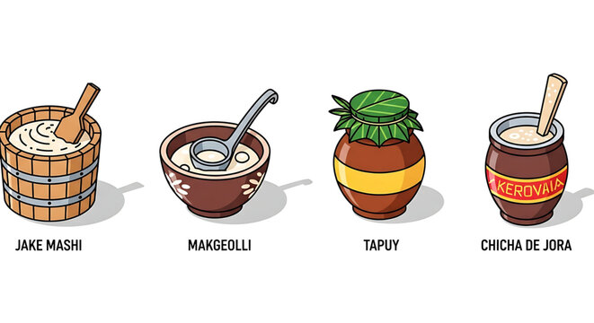 Set of traditional fermented rice and corn alcoholic beverages from around the world