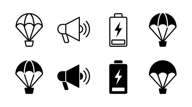 Icons for adventure and communication: parachute megaphone battery with parachute skydiver megaphone