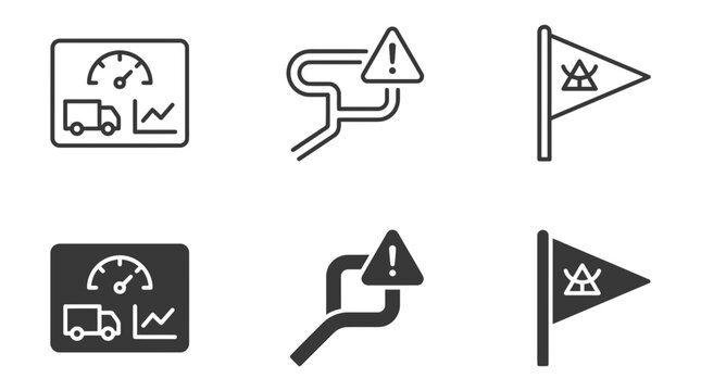 Logistics and navigation icons: truck dashboard winding road with warning flag marker logistics