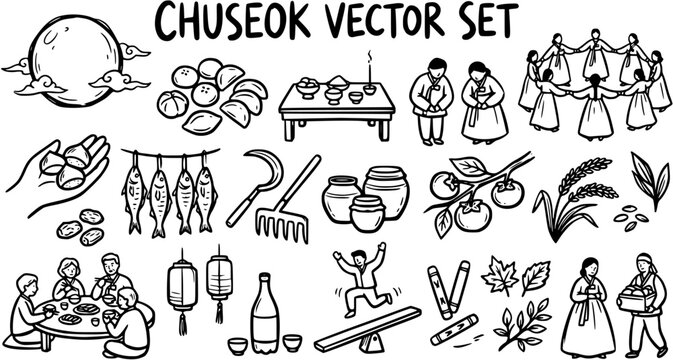 Chuseok Korean Harvest Festival Vector Set. Hand Drawn Black and White Line Art Doodle Illustrations of Traditional Holiday Elements and Symbols.