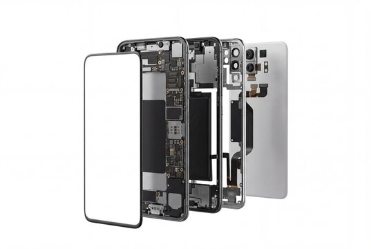 Detailed exploded view of a modern smartphone with separated screen, battery, camera and internal components isolated on a white background. Ideal for repair, technology and engineering themes.