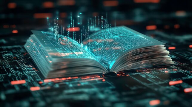 An open book with pages turning into digital data streams, representing the integration of technology and education in AI educational tools.