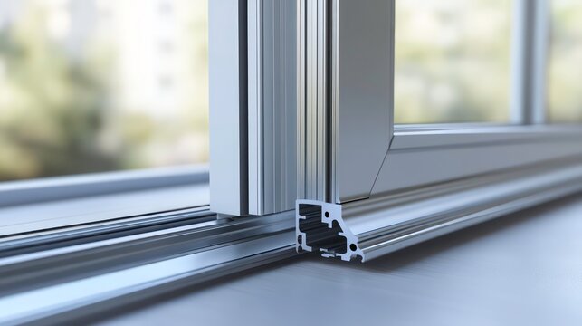 Aluminum profile frames double glazing on construction. PVC metal silver color windows and doors detail cross section. 3D illustration. aluminium protruded profile for windows and doors