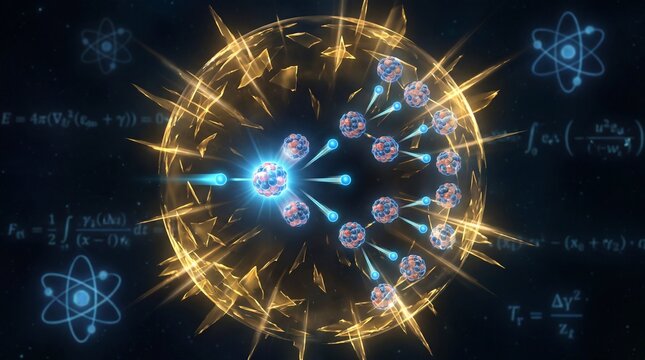Chain reaction of atomic nucleus fission, illustrating nuclear energy and scientific discovery