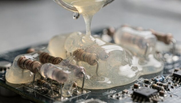 Closeup medium shot of silicone potting being poured over resistor assemblies highlighting the flexible and durable encapsulation process for high voltage components.