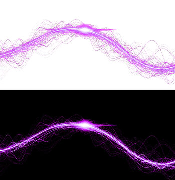 Purple energy wave motion with particle stream effect on transparent background glowing neon light trail abstract design element for digital technology visual graphic art style.