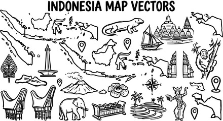 Obraz premium Indonesia Map Vectors, Landmarks, Culture, Wildlife, and Travel Icons - Black and White Line Art