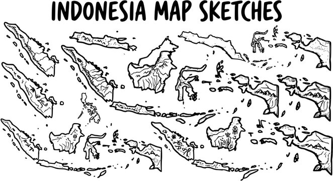 Hand-drawn Black and White Line Art Sketches of Indonesia Map and Islands. Geographic Doodle Illustration for Travel and Education.