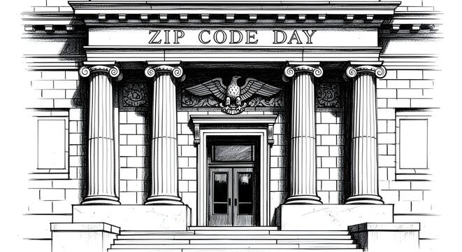 Charcoal Sketch Post Office Facade with ZIP Code Day Stone Engraving