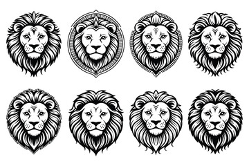 Eight lion head illustrations detailed manes black and white silhouette © MDHASAN