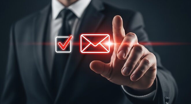 Email interface glowing red as a professional businessman interacts with digital symbols in low-key studio lighting. Perfect for corporate newsletter and marketing campaign design.