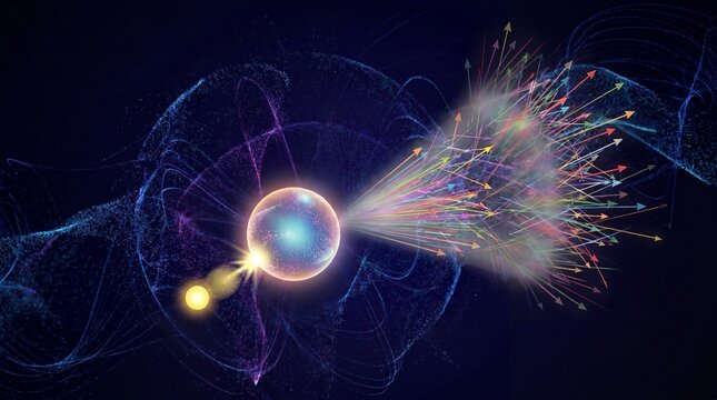 Abstract visualization of a subatomic particle collision, illustrating energy and matter interaction.