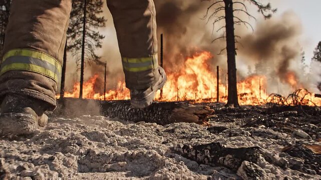 Tracking shot low angle of firefighter boots stepping through charred forest ground with wildfire blaze and smoke in background