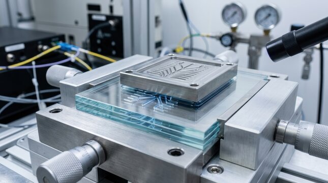 Detailed view of precision molding process shaping microfluidic channels within multilayer glass substrates highlighting innovative device fabrication techniques.