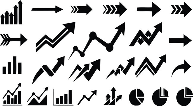 Collection of black business and finance icons with arrows and graphs