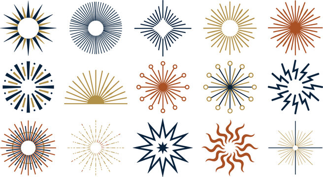 Abstract Sunburst Symbol Collection Featuring Geometric Star Rays Retro Solar Shapes and Decorative Radiant Vector Design Elements
