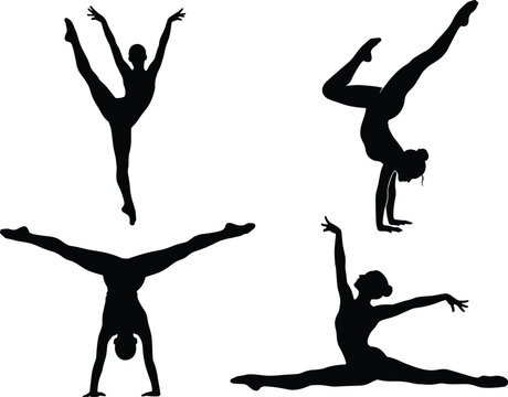 Gymnast Silhouettes Collection Showing Flexibility Balance Handstand Split and Dance Poses Dynamic Athletic Performance Isolated on Clean Background