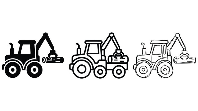 Forestry Log Loader Vehicle Icon Set Representing Timber Industry and Wood Processing

