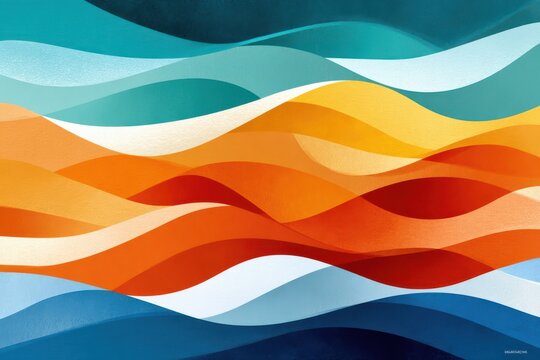 Minimalist abstract waves in colorful layered landscape with warm orange and cool blue tones