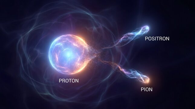 Abstract visualization of subatomic particle interaction and energy release