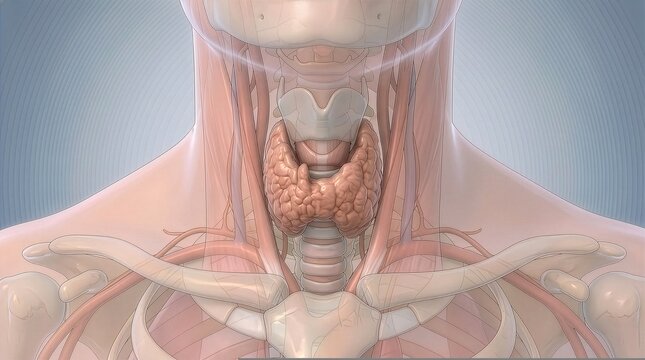 Thyroid gland anatomy showing structure and surrounding organs in a clear diagrammatic style