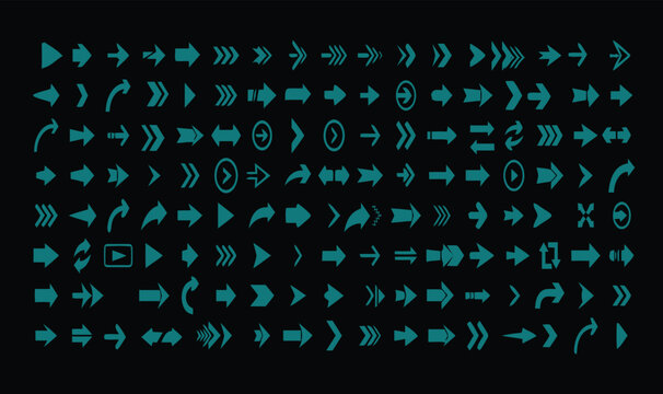 Collection of teal arrow icons on black background directional symbols for presentations