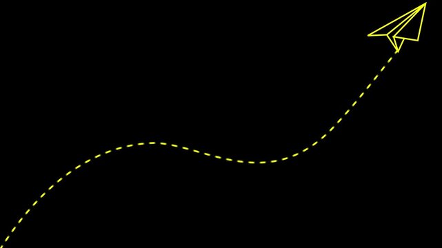 Paper airplane animation video showing curved route to destination, dotted line travel motion symbolizing creativity, progress, freedom, innovation and business success journey