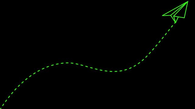 Paper airplane animation video showing curved route to destination, dotted line travel motion symbolizing creativity, progress, freedom, innovation and business success journey