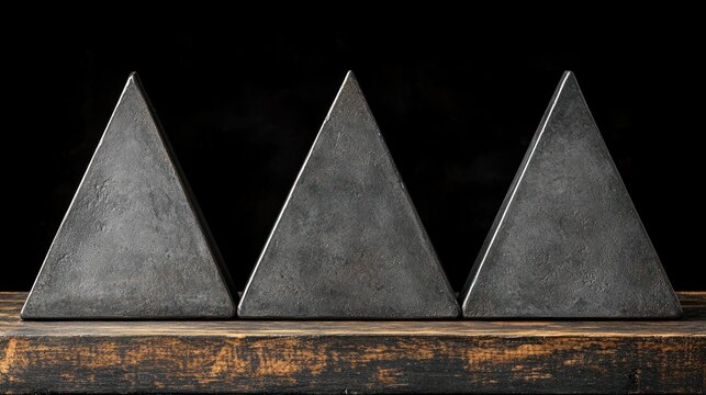 Three dark gray triangles on a wooden surface