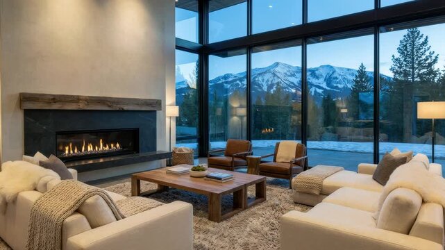 Luxurious modern living room with a cozy burning fireplace and comfortable sofas. Large panoramic windows offer a stunning view of snowy mountains at dusk