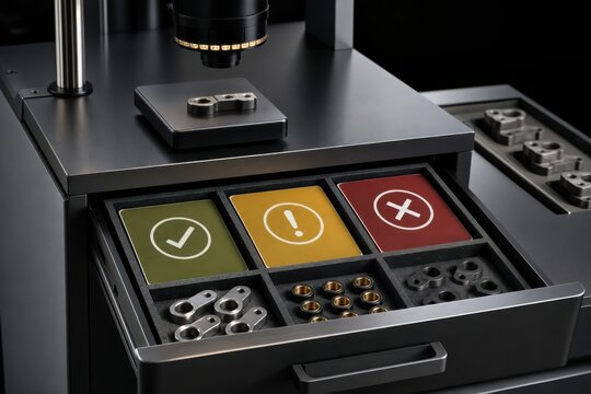 Quality control inspection workflow with visual pass fail decision trays in an industrial production environment