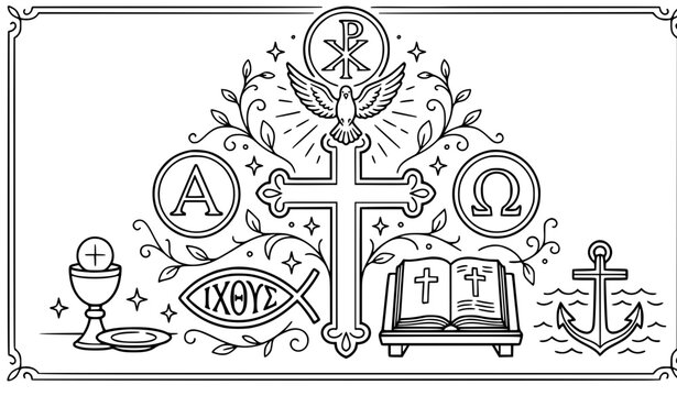Christian symbols collection holy communion dove chi rho alpha omega and anchor line art