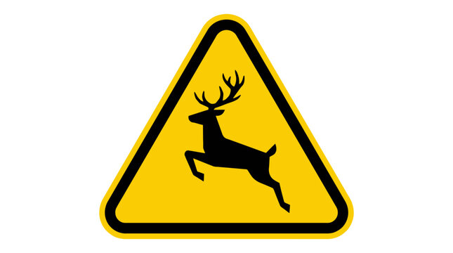 A yellow triangular warning sign featuring a black silhouette of a leaping deer.