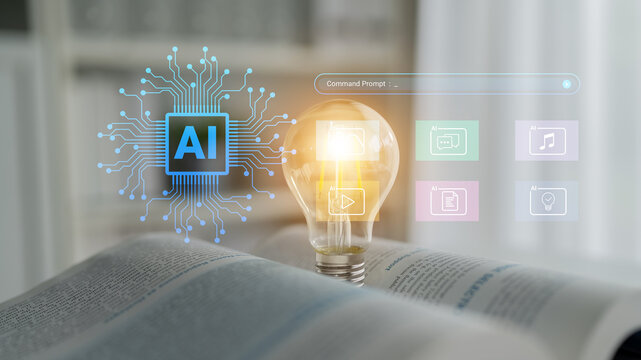 A light bulb represents innovation and artificial intelligence, surrounded by digital icons, symbolizing creativity, technology, and the merging of ideas in a modern setting. Cyphers