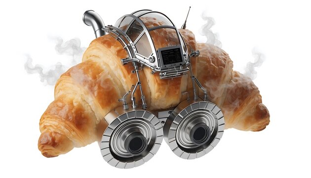 Croissant with futuristic spa equipment, nobody, white background, surreal, conceptual