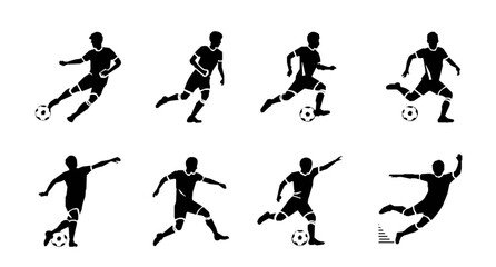 Football player action icon set with soccer athlete silhouettes kicking dribbling and shooting poses © Mdsumon
