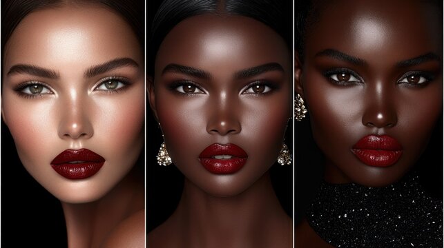Three women with glamorous makeup and red lips