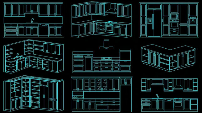 Kitchen Cabinet and Appliance Elevation CAD Blocks Blueprint Vector with Modular Counter Units and Storage Systems