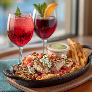 Grilled fish nachos with tomato salsa and fries served with cocktails, food and dri