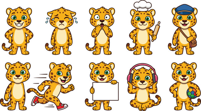 Cute Leopard Cartoon Character Set with Different Emotions Professions Activities and Lifestyle Poses for Kids Vector Illustration Collection