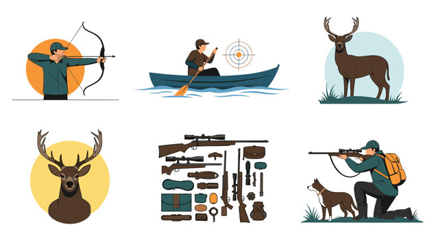 Collection of various hunting and outdoor icons featuring hunters, deer, archery equipment, and rifles on a white background.