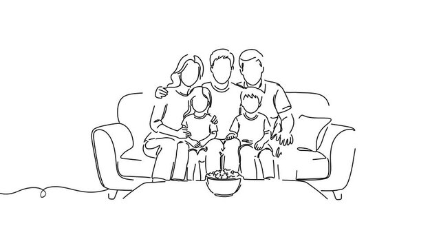 Animation of line drawing of family watching a movie together on a couch, symbolizing relaxation, connection, and cozy moments.