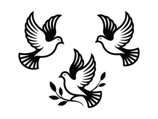 Fototapeta premium Three stylized doves in flight, one carrying a symbolic olive branch, serenity